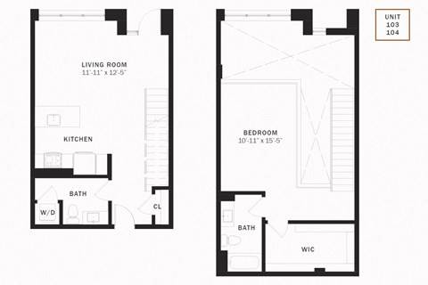 Floor plan for 1 bed, 1.5 baths, 1021 sqft